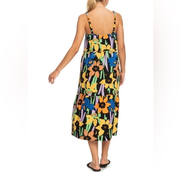 Roxy Waiting Line Bold Colors Midi Floral Boho Surfer Style Minimalist Dress - Picture 3 of 10